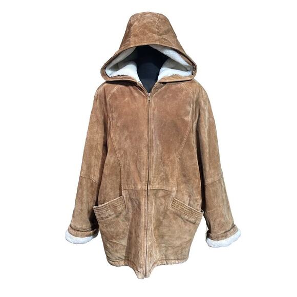 Womens Suede Sherpa Lined Jacket St John's Bay Large Brown Pockets Hooded Y2K - Picture 1 of 16